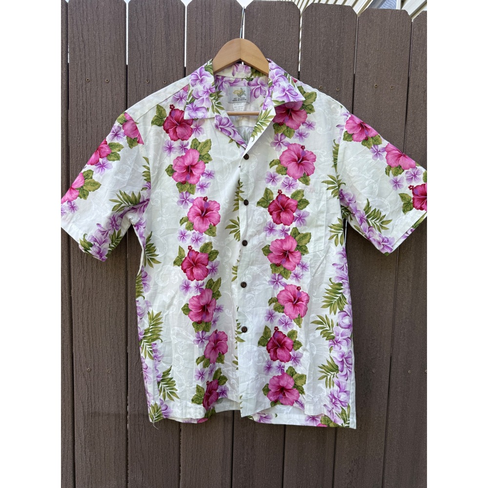 Ho Aloha Made in Hawaii Mens Pink Hibiscus Floral Cotton‎ Shirt Medium tropical